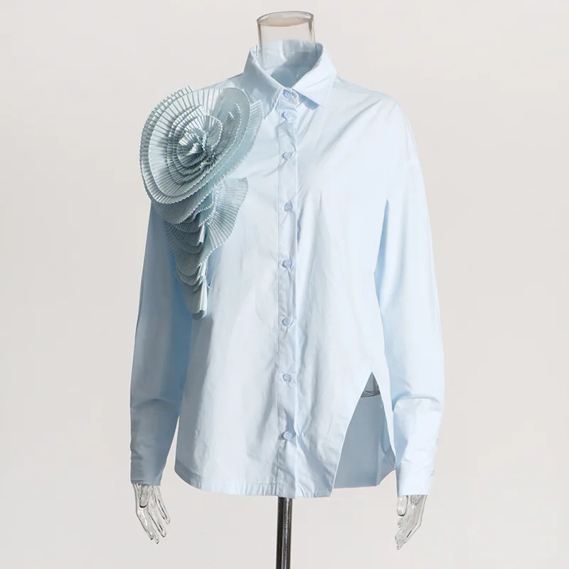 Fashion Commuter Stitching Three-Dimensional Flower Shirts 2024 Spring New Loose All-Match Solid Color Women's Shirt Tops