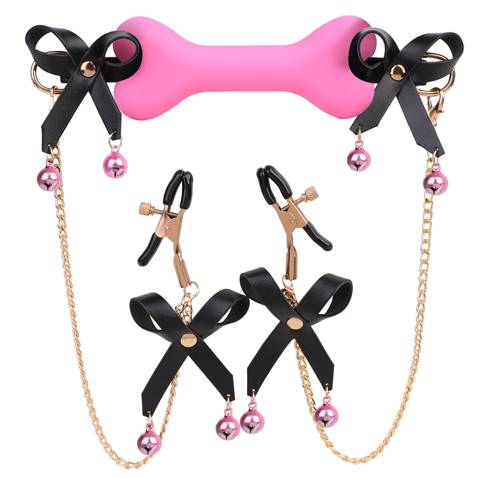 Female Nipple Clamp Mouth Ball Gag Sex Toy Set With Ring Bell Bone Shape Silicone Mouth Gag Bra Stimulate Clip Bowknot Sex Toys view 2