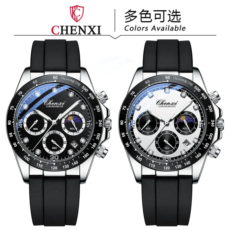 CHENXI 958B Reloj de cuarzo a la moda para hombre, calendario de fase lunar, cronógrafo, correa de silicona, relojes informales de negocios resistentes al agua para hombre