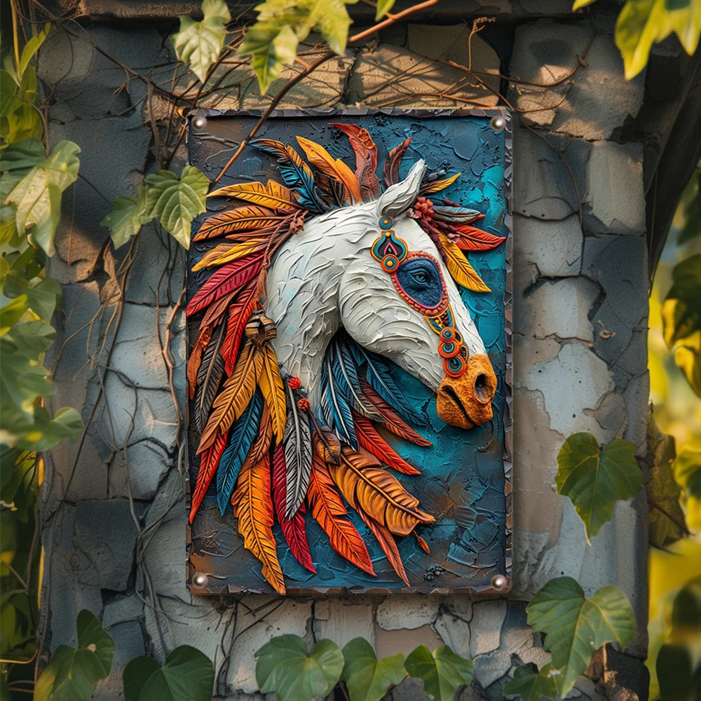 Aluminum Metal Wall Art - Feathered Horse Design, Moisture Resistant Metal Tin Sign, Higher Bending Resistance