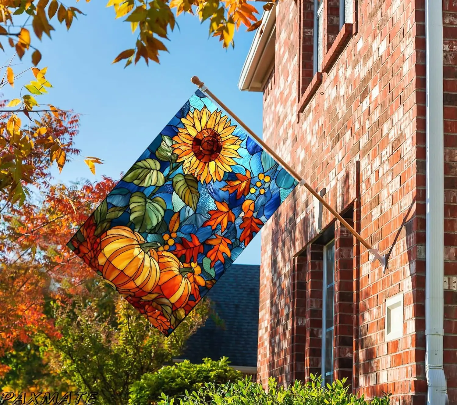 Fall House Flag 28x40 Double Sided, Sunflower Pumpkin Stained Glass Autumn Burlap Outdoor Flag, Thanksgiving Seasonal Porch  xxl
