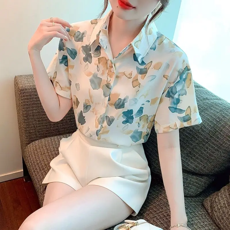 Chemise florale élégante en mousseline de soie à manches courtes, haut ample et Unique pour l'été
