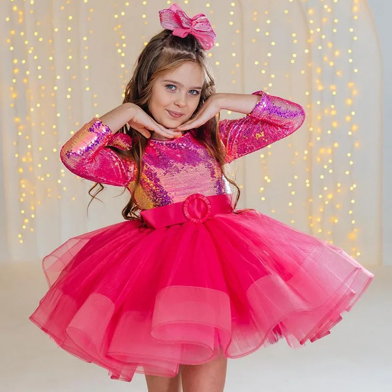 2025 Girls Long Sleeve Princess Dress Magenta Sequin Gown for Piano Recital Fashion Show Sparkling Party Formal Wear Girl Dress