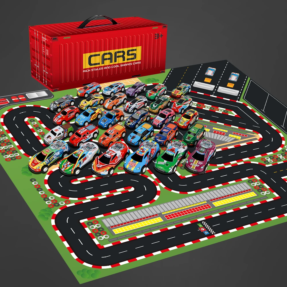 Juego de coches de carreras de Metal fundido a presión, caja de almacenamiento de contenedores, alfombra de mapa de escena de carreras, patrón de carreras, 30 piezas