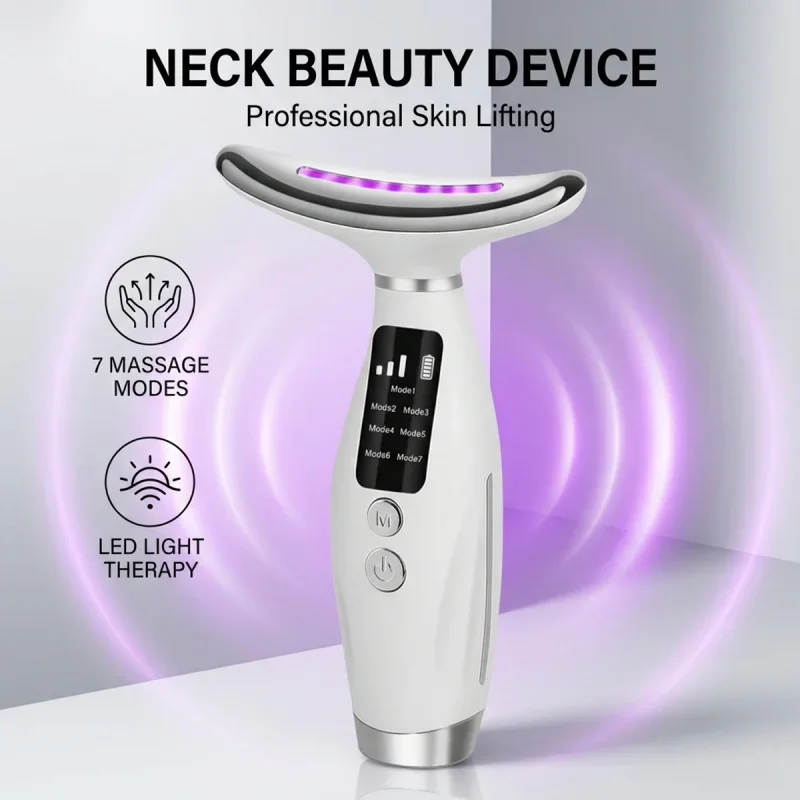 7 Colors LED Photon Therapy Face Neck Beauty Device 7 Modes 3 Levels Vibration Massage Skin Lifting Anti Wrinkle Skin Rejuvenation Machine Home Use Facial Care Tool