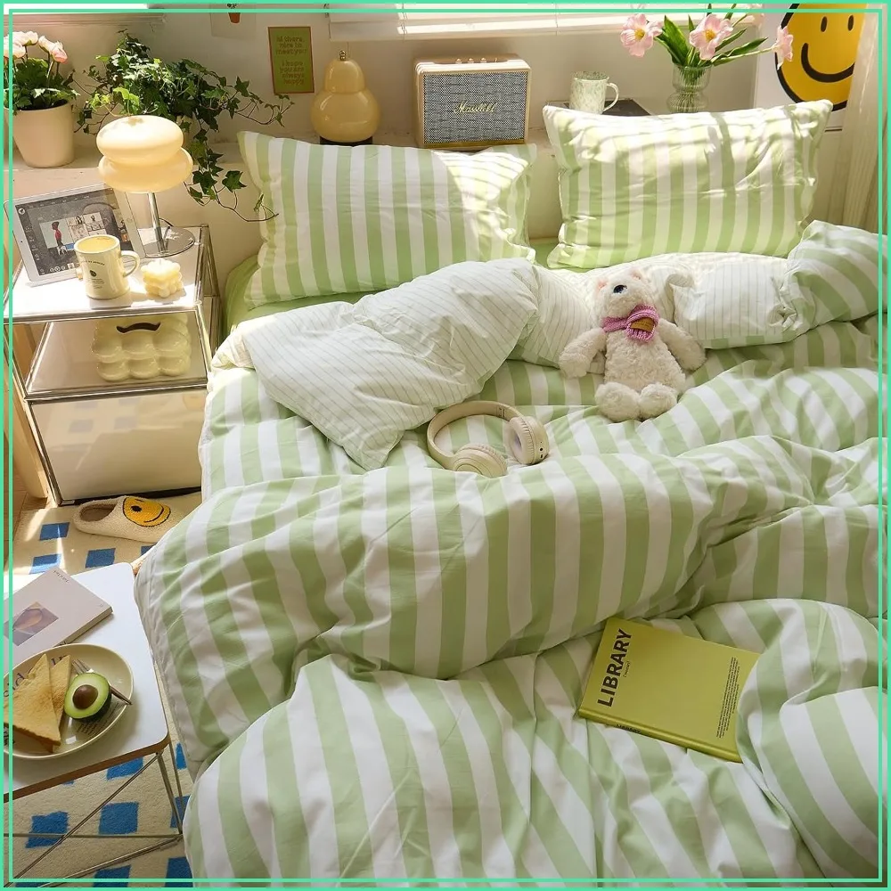 Green Striped Comforter Set Full Size 3 Piece with 2 Pillowcases Soft Breathable Farmhouse