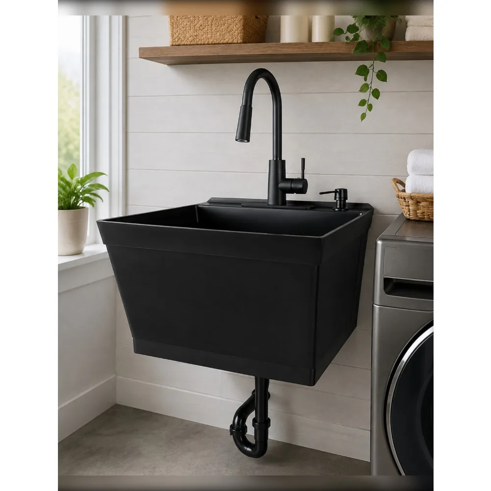 Wall-Mounted Utility Sink Tub Kit with Pull-Down Faucet for Laundry, Garage, Workshop