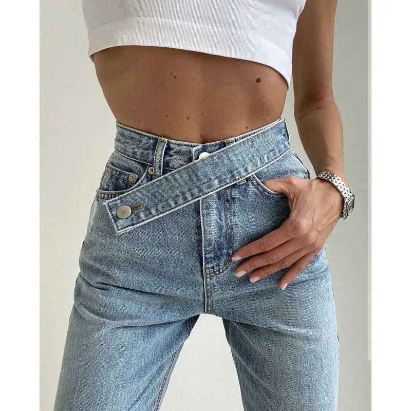 Jeans jeans de perna larga feminina, calça reta de chão, cintura alta, cinto oblíquo, solto, outono e inverno, novo, 2023