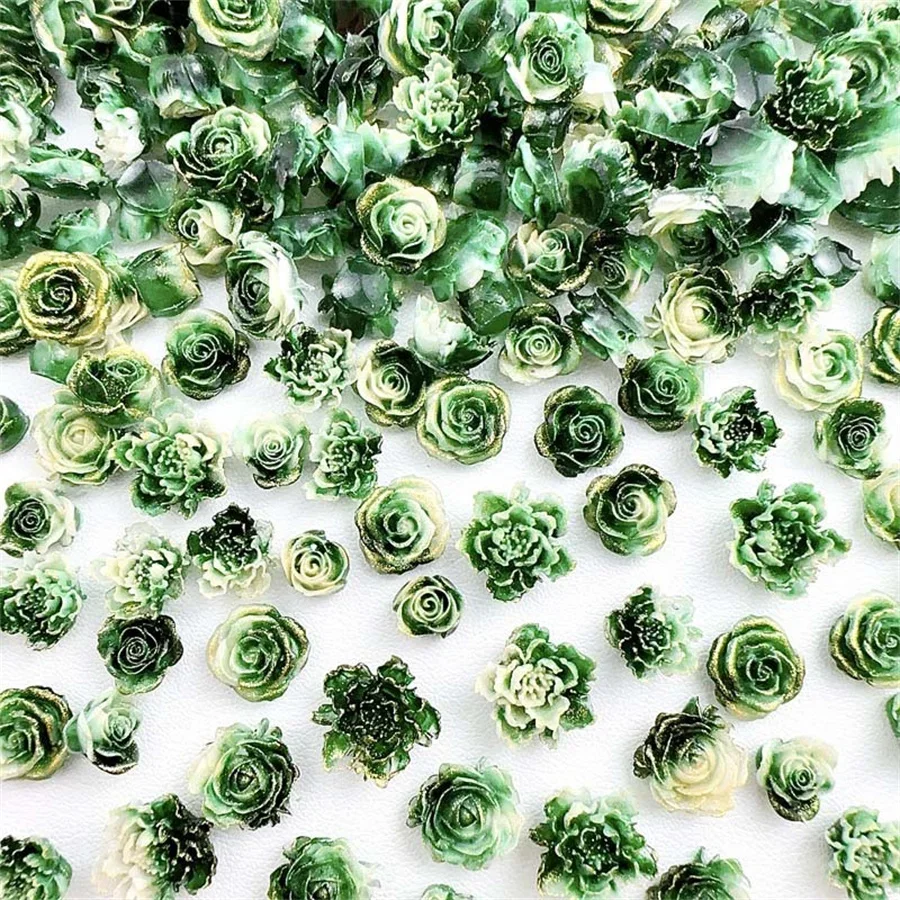 20pcs Kawaii Green Flower Resin Nail Art Charms Cartoon Mixed Camellia Bud Rose Nail Rhinestone Decorations Jewelry Accessories
