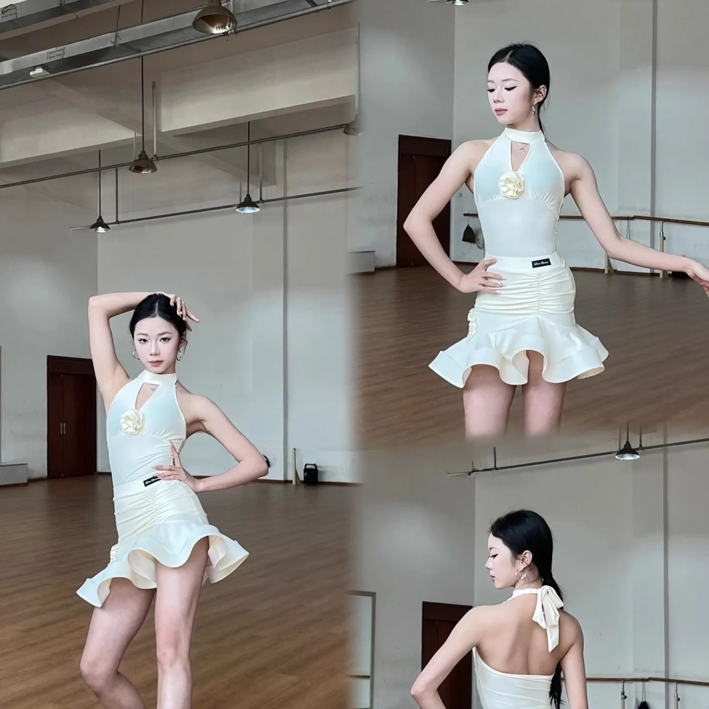 customized women adult Latin national standard dance costume practice outfit hanging neck flower top fishbone skirt fringe dress