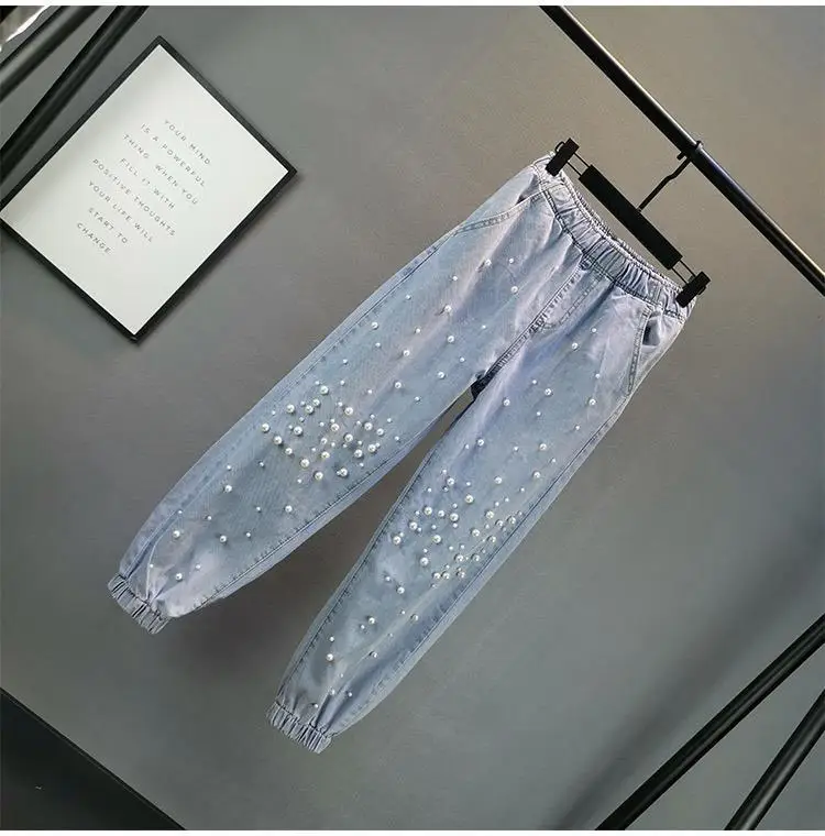 Women Plus-Size Jeans New Fashion Loose Elastic Waist Beaded Harem Cuffed Pants Y2k Trousers Cargo Blue Denim Pants New
