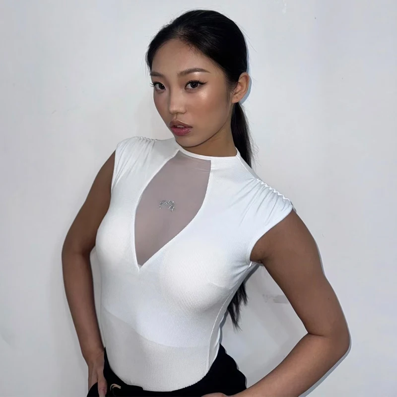 White Black Short Sleeves Samba Ballroom Dance Top Women Rumba Latin Dance Training Tops Adults Modern Dancing Top SL13622