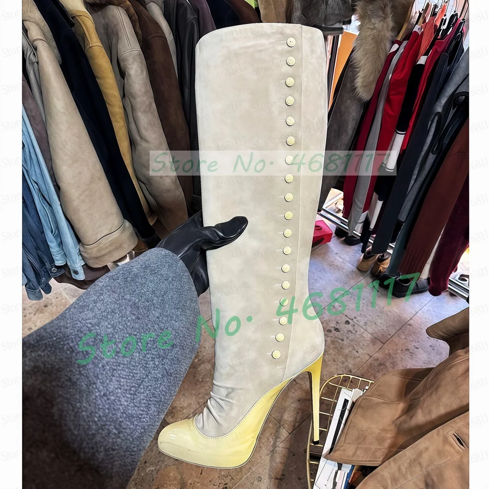 Beige Suede Yellow Leather Patchwork Boots Women Elegant Round Toe Button Decor Knee High Heels Streetwear Side Zipper Boots