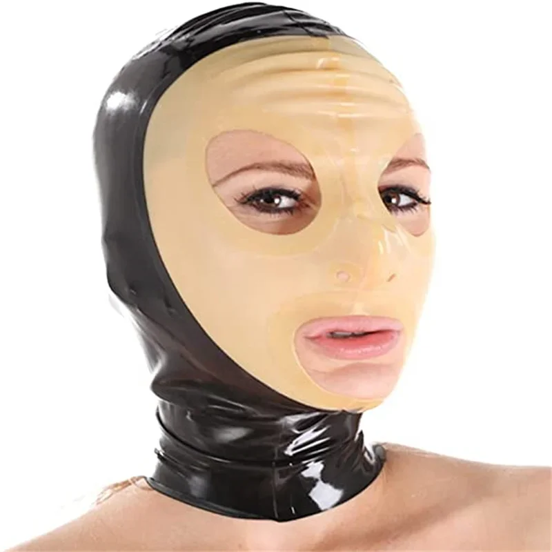 

Sexy Latex Hood Rubber Mask Black with Transparent Handmade Open Eyes Mouth Halloween Cosplay Costumes for Men Women