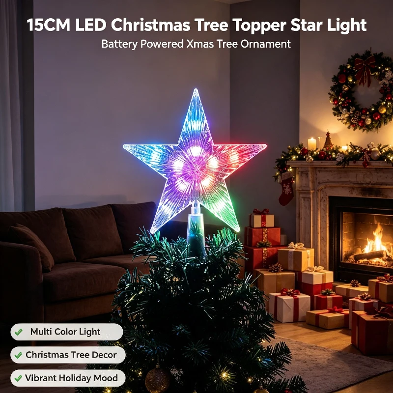 15CM LED Christmas Tree Topper Star Light, Battery Powered Xmas Tree Ornament, Holiday Home Decoration for New Year