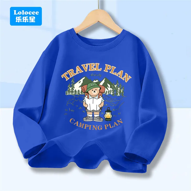 Kids' Spring Autumn Cotton T-shirt,Travel Camping Plan Cartoon Bear Graphic Tops For Boys,  Children's Long Sleeve Tees XYJ1