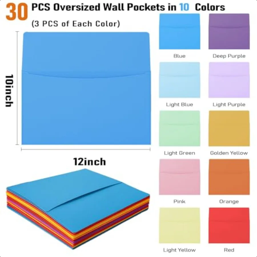 30개 대형 벽걸이 포켓, 10가지 밝은 색상 모음, 10 x 12인치 종이 벽걸이 폴더 홀더, 서류 정리함 (Bu용)
