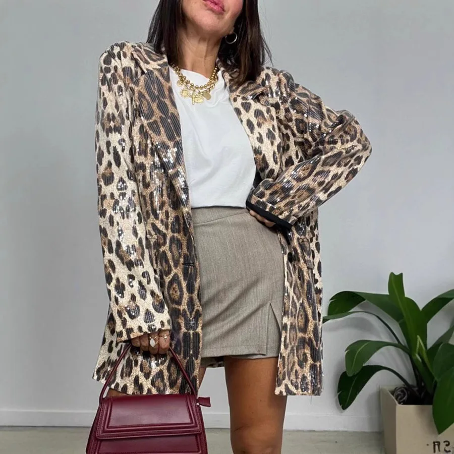 

Ele Leopard Print Jaet Loose Fit Faionable Sequins Lapel Women's Spring Autumn Outerwear Independent Station