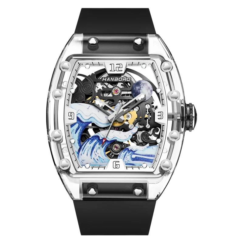 HANBORO Men Automatic Watch Luxury Mechanical Wristwatch Tonneau Transparent Acrylic Case Waterproof Full Luminous Wave Dial