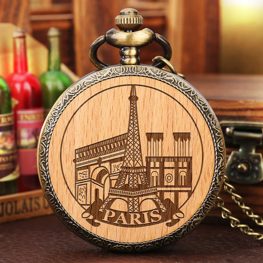 Sculpted Engraved Eiffel Tower Paris France Building Figurine Statue Wood Crafts Quartz Pocket Watch Wooden Clock Souvenir Gifts