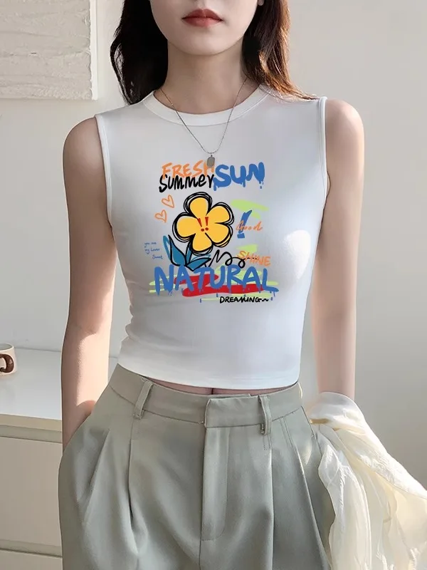 Biała, krótka bluzka na ramiączkach, damska bielizna, nowość 2025, wysoki stan, krótki top, letni top, kwiatowy wzór, Commu...