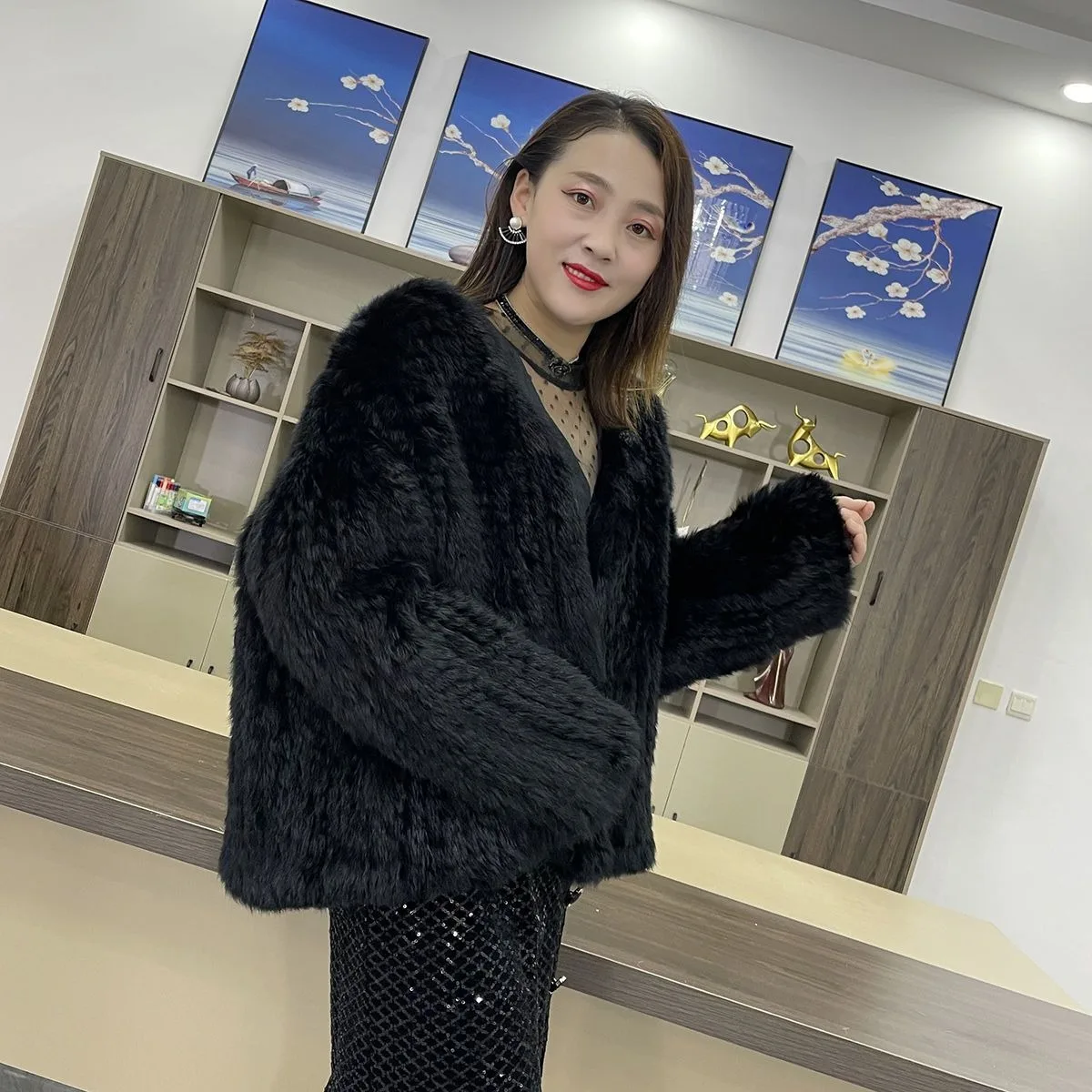 

Hot selling double-sided braided rabbit fur coat for women loose version V-neck young style autumn winter new snow rabbit fur