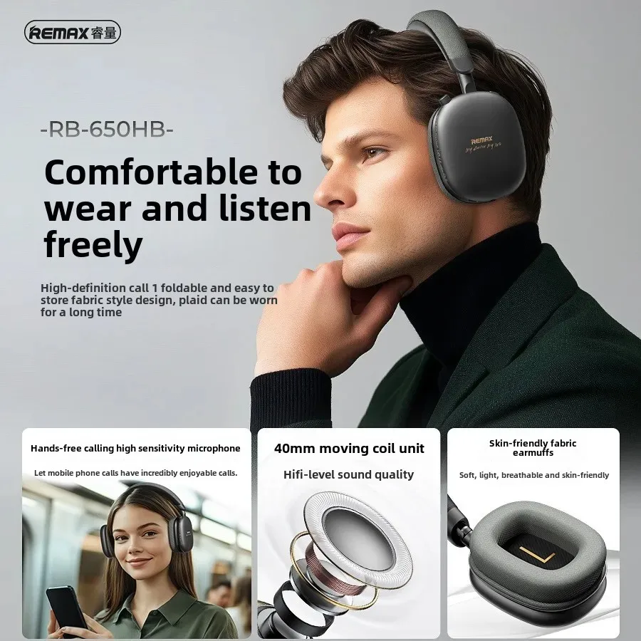 REMAX Ruijie 650HB Wireless Bluetooth Earphones Long Battery Life Foldable Gaming Headset Over Ear For Immersive Audio Experienc