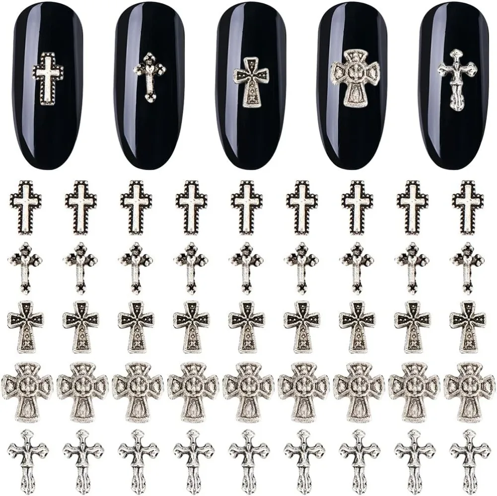 100Pcs Cross Nail Charms for Nails Accessories 5 Style Metal Alloy Silver Flat Nail Gems Set Gothic Vintage making kit