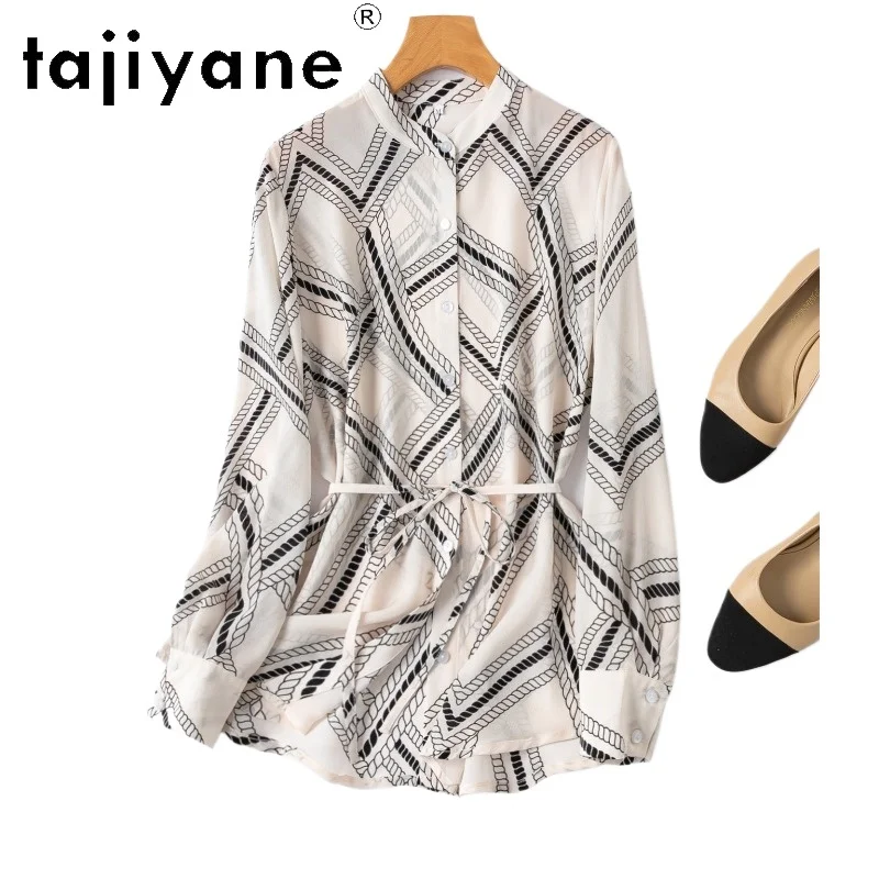 

TAJIYANE 100% шелковая блузка из тутового шелкопряда для женщин в стиле Old Money, весенний топ с воротником-стойкой и поясом, женская одежда 2026