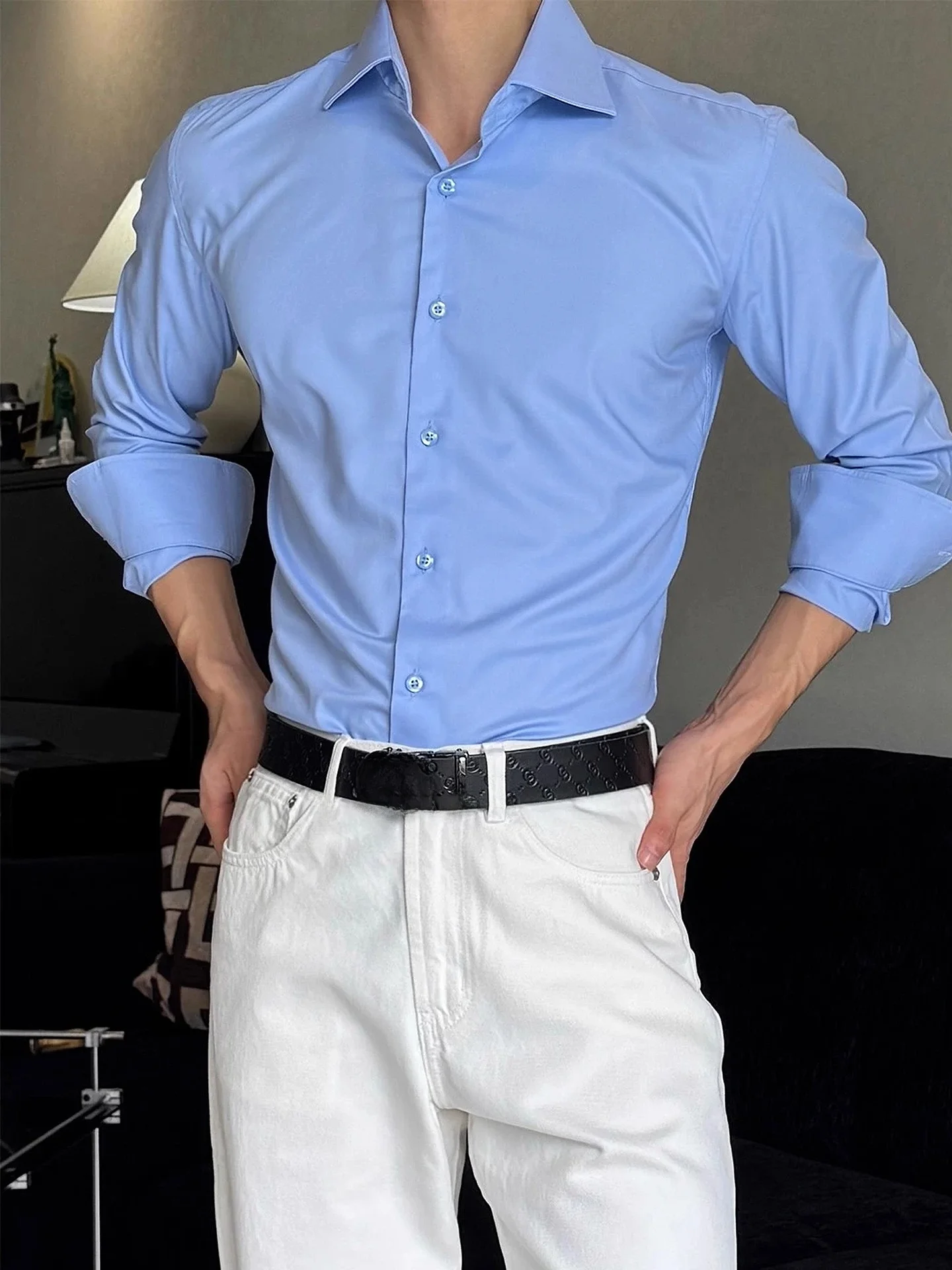 

Синий длинный приталенный мужской свитер в неаполитанском стиле, осенний, модный, повседневный, дышащий, легкий, от YouLin