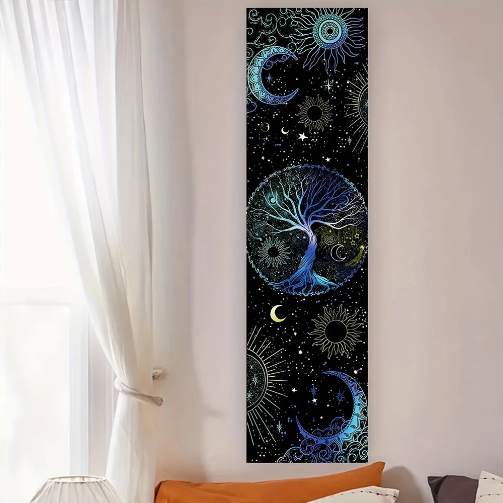 Blue Tree Of Life Art Tapestry For Living Room Bedroom Vertical Sun Moon Aesthetic Tapestry Wall Hanging Colorful Home Decor