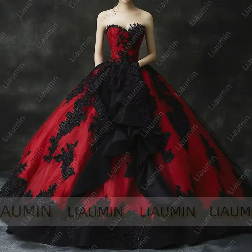 

Красное и черное кружевное платье с аппликацией на шнуровке сзади, длинное бальное платье без бретелек, вечерние свадебные вечерние платья для выпускного вечера по индивидуальному заказу W19.16.5