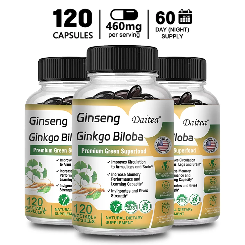 Daitea Ginseng e Ginkgo Biloba Cápsulas, para Memória, Energia e Circulação, Premium Não-OGM, Superalimento Vegano