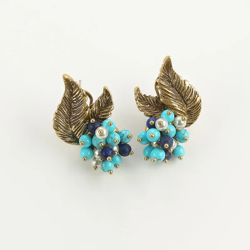 Bohemia Vintage Designer Gold Color Leaf Stud Earring Blue Rice Beads Inlaid Jewelry Gifts for Women Useful Accessoire Gothique