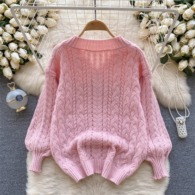 Women Solid Color Short Knitted Sweater Pullover Tops Autumn Casual V-neck Long Sleeve Knitwear Jumper Pink Apricot Blue Green