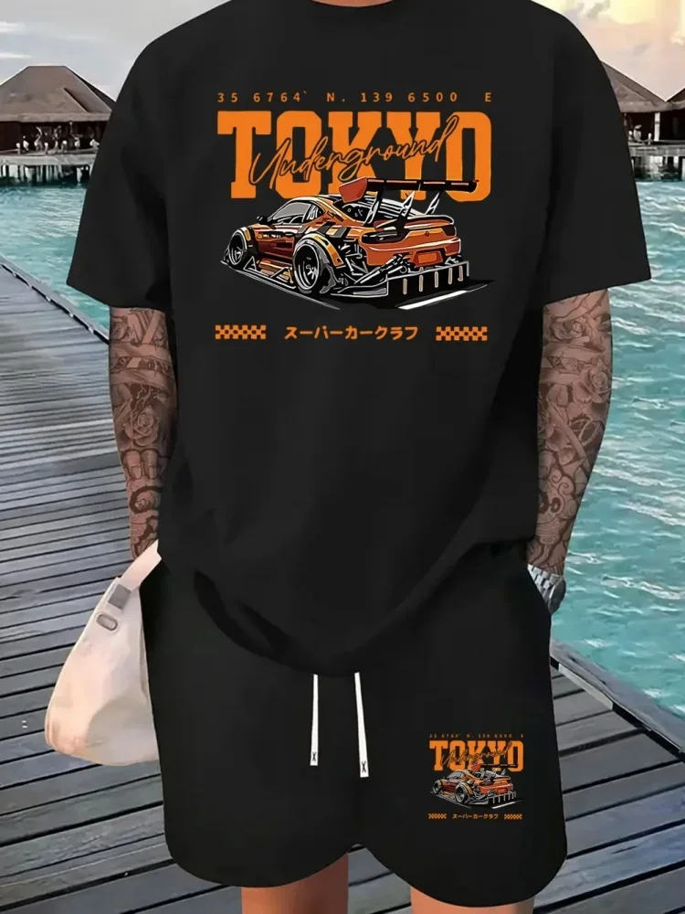 

American Summer Men's Letter Underground Racing Printed Comfortable Breathable Round Neck T-shirt Shorts Set Outdoor Street Wear