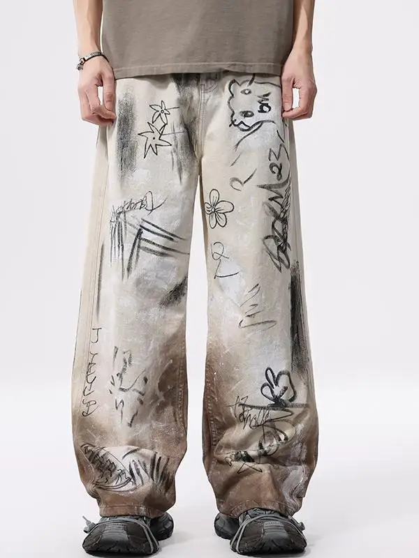 

Retro American High Street Vibe Graffiti Weathered Men's Jeans Loose Straight Leg Wide Leg Pants Fashionable Casual Wear
