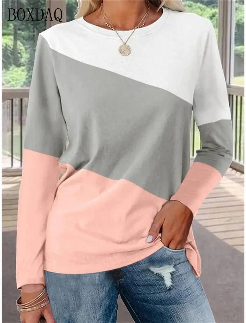 Long Sleeve Women Fashion Patchwork Color T-Shirts 3d Print Street Ladies Tees 6XL Plus Size Loose Casual Female Tops