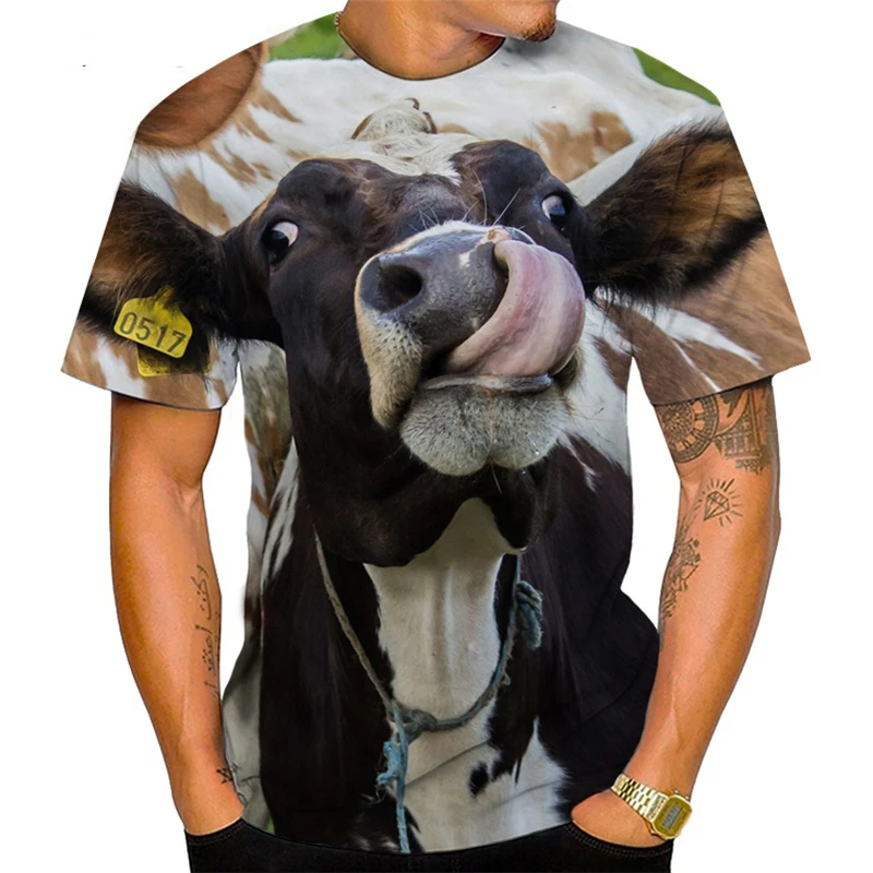 Fashion Men's T Shirt Funny Animal Cow Pattern Printed Short-sleeved Bullfight Tops Tee Casual Oversized T Shirt Mens Streetwear