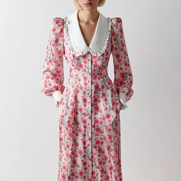 Vrouwen Schattige V-Hals Lange Mouw Hoge Taille Lange Jurk Bloemenprint Boho Maxi Jurk Vestidos