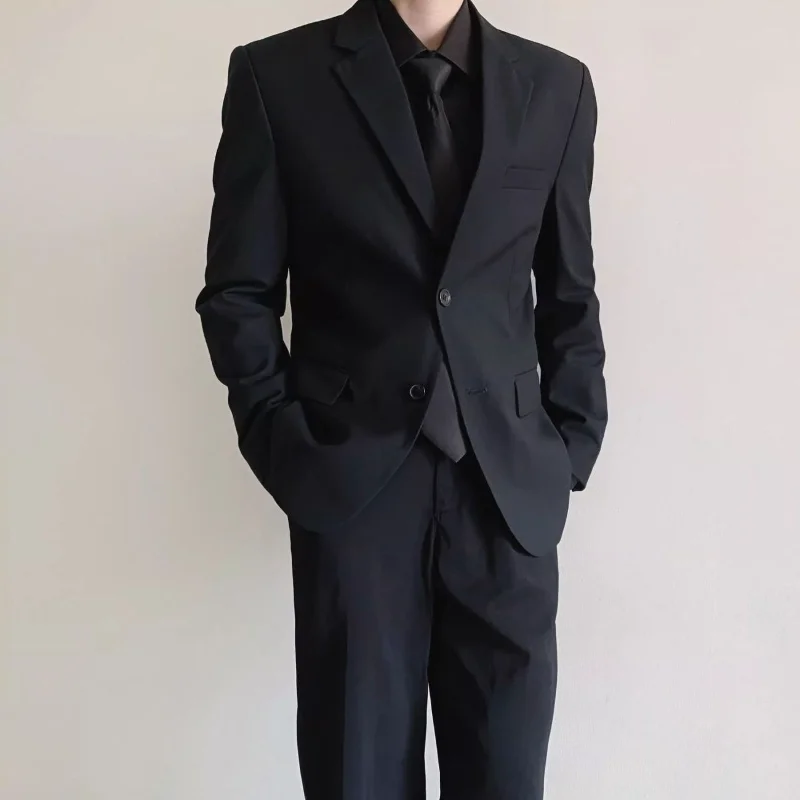 Men Business Formal Two Pieces Suit Wrinkle Resistant Blazer And Pants For Office Interview Daily Wear