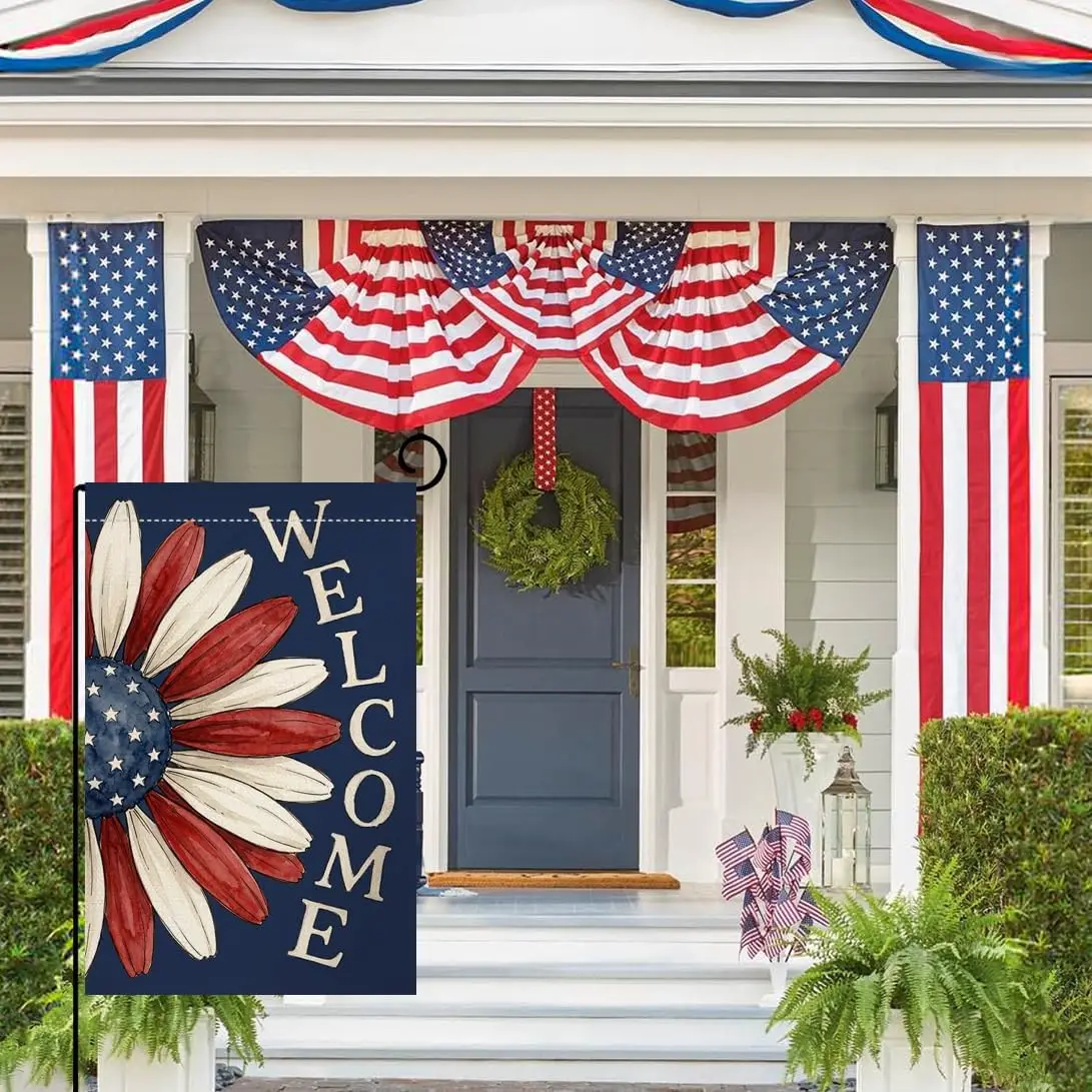 BLKWHT 4th of July Floral Garden Flag 12x18 Vertical Double Sided Welcome Memorial Day Independence Day Holiday Outside Deco IIC