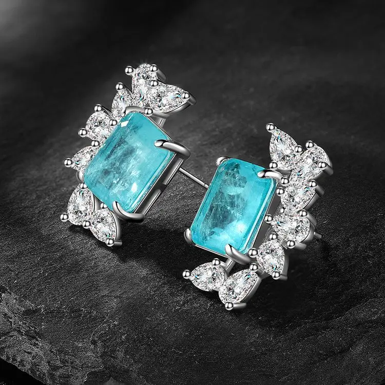 New High-end Jewelry Colorful Earrings Paraiba Rectangular 8*10 Earrings Four Small Claws Sapphire Earrings