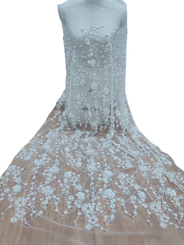 3D White Beaded Sequins Lace Soft Tulle DIY Material for Wedding Dresses and Garment Decor Ideal for Crafting Beautiful Garments