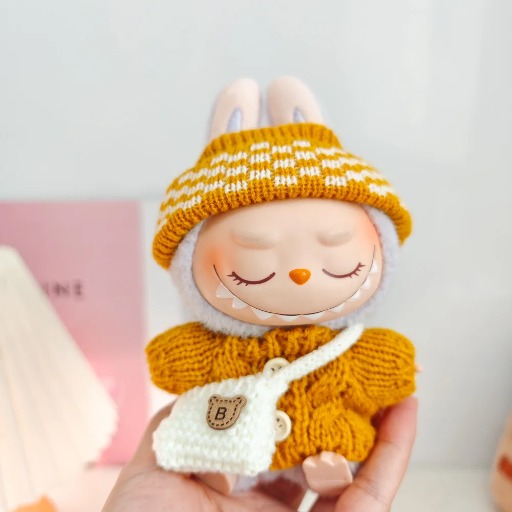 Kleidung für Labubu 17 cm II Idol Puppen sitzende Party Das Monster Outfit Zubehör Kleidung schönes Geschenk süßer Pullover Hut und Tasche