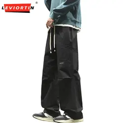 Men's 100% Cotton Cargo Workwear Pants - Oversized Streetwear Joggers Drop-Crotch Straight Leg Trousers with Drawstring Waist