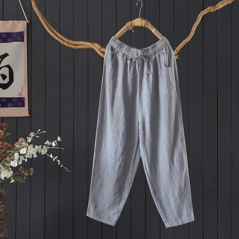 

Высококачественные женские повседневные шаровары, Новое поступление, лето 2025 года, винтажный стиль, однотонные свободные женские брюки до щиколотки M1745