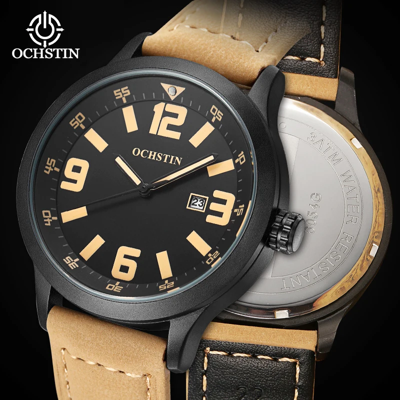 OCHSTIN Men's Daily Business Watch Man Crafted Durable Alloy Frame Flexible Long-lasting Genuine Leather Strap Quartz Clock