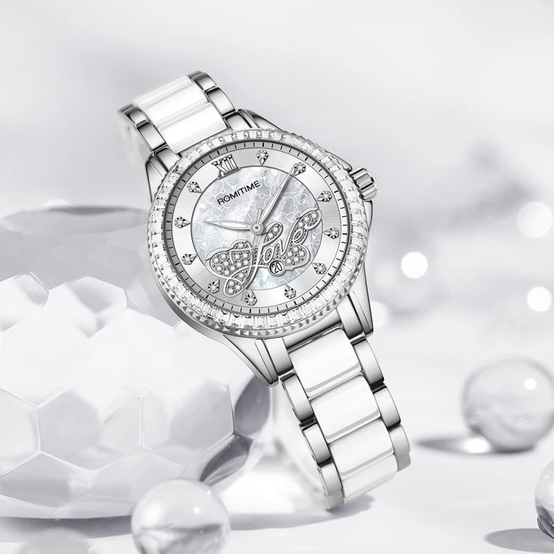 ROMITIME Women Quartz Watch Luxury LOVE-Inspired Pattern Calendar Ceramic-Steel Bracelet 30M Waterproof Luminous Lady Clock