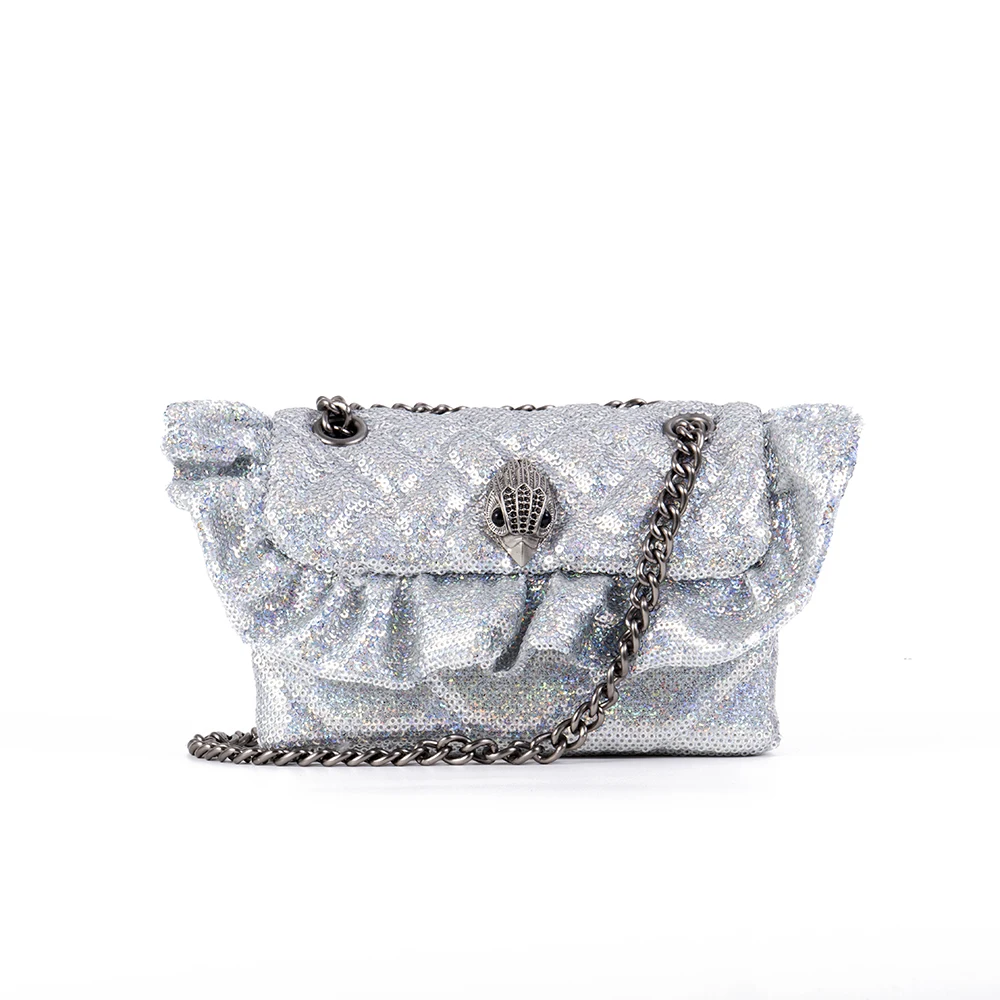 New Fashion Sequin Handbag Eagle Metal Logo Metallic Chain Square Bag Shiny Silver Purse